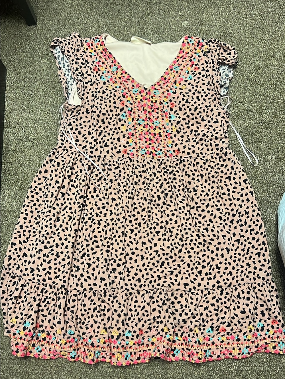 Savanna Jane Pink Mini Dress with Black Spot Print and Multicolor Embroidery